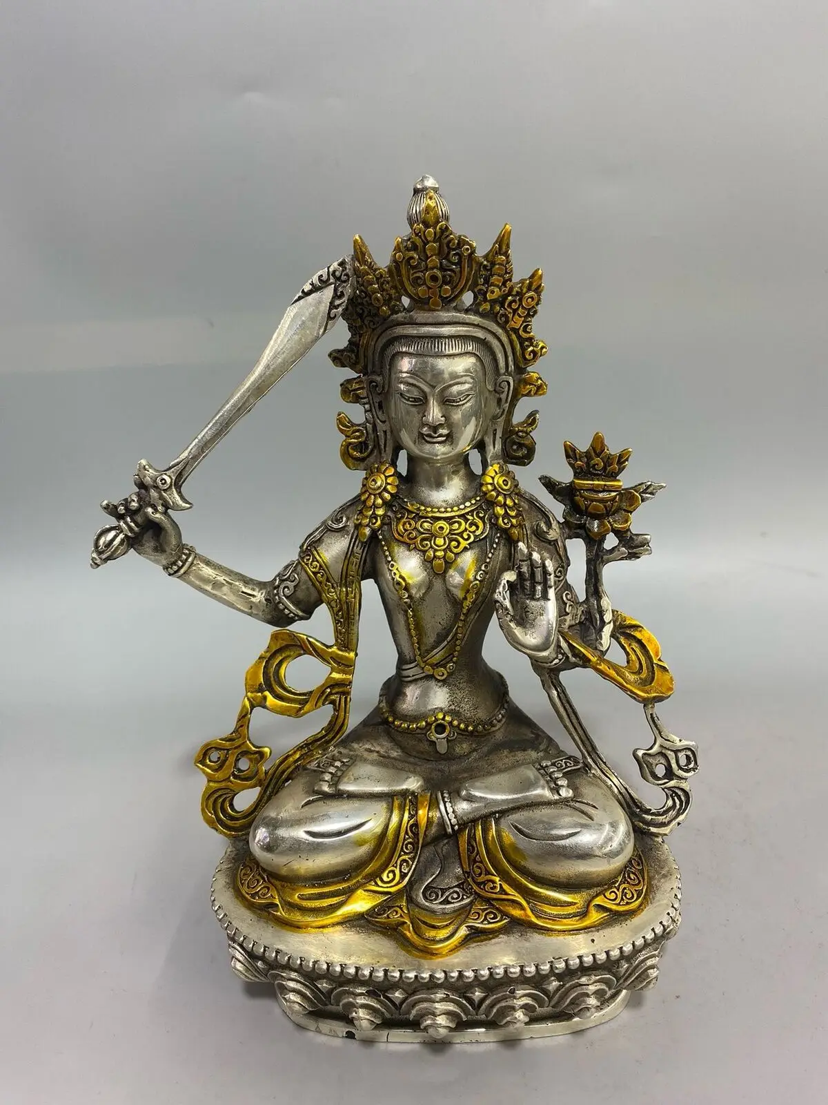 8'' bronze silver plating gild sculpture Buddhist culture Manjusri Bodhisattva