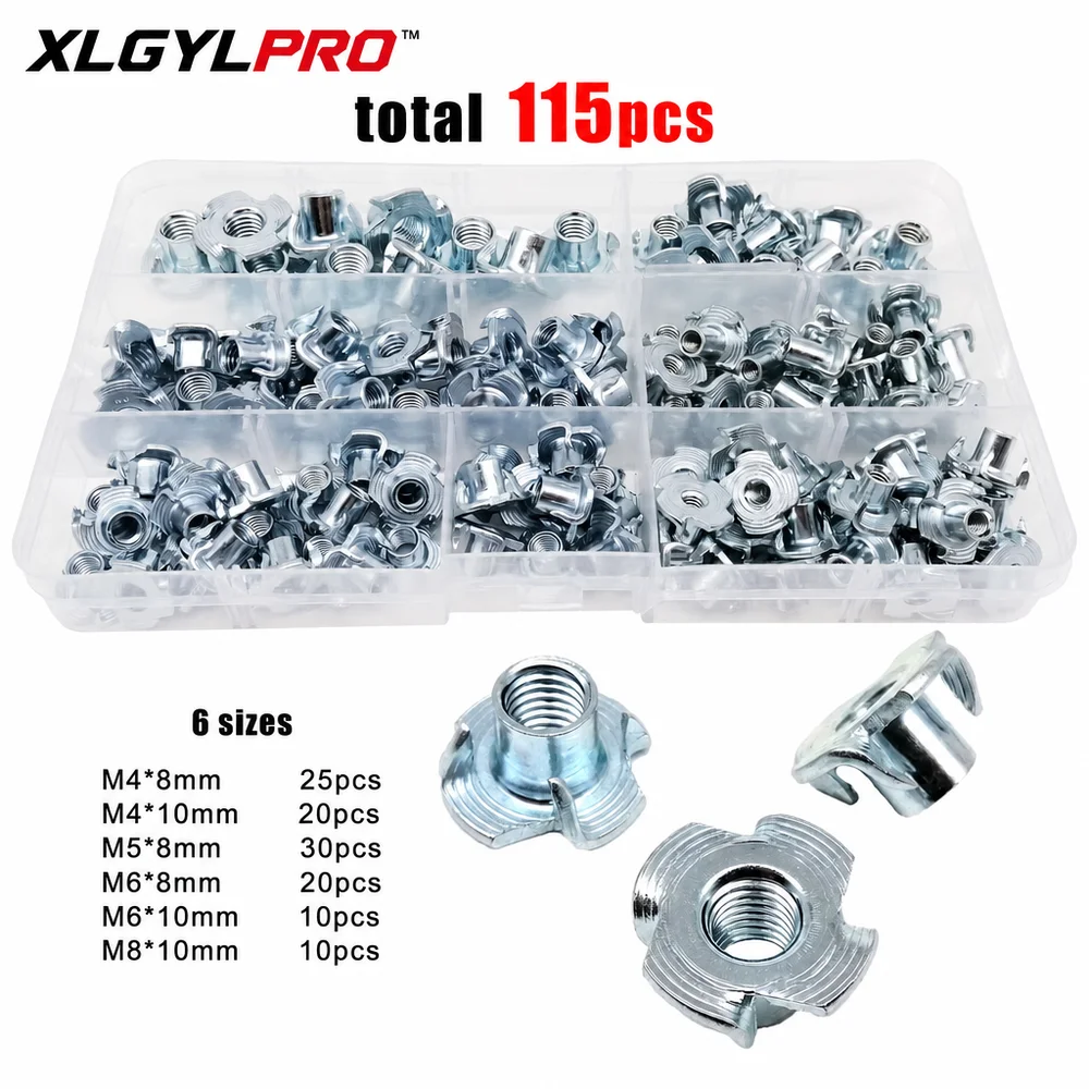 XLGYLPRO 1 Box 115pcs M4 M5 M6 M8 Thickened Steel Four Claws Speaker Nut Blind Pronged Insert T-nut Wood Furniture Nut Kit Set