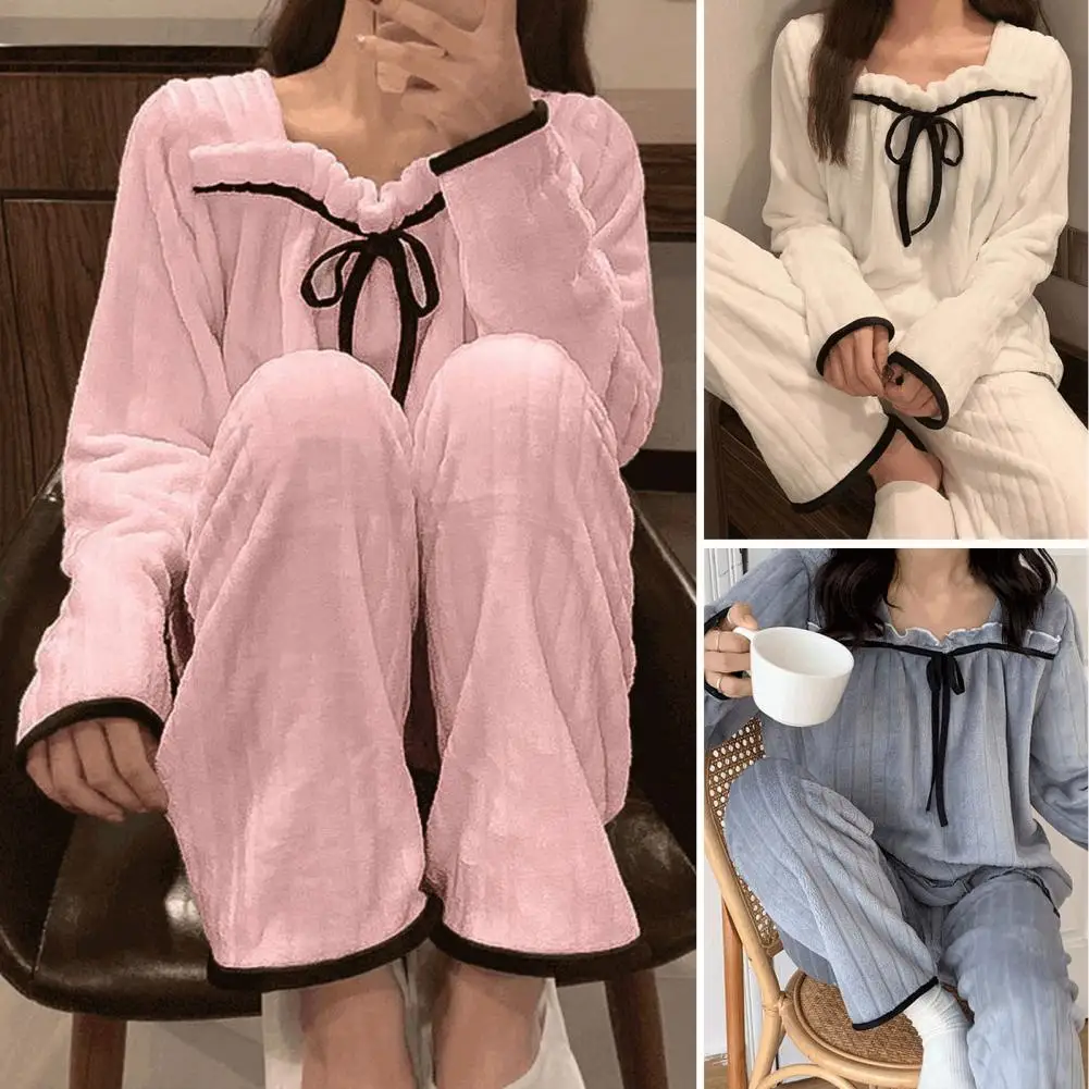 Square Collar Women Pajamas Set Winter Warm Sleepwear Fleece 2 Piece Pants Home Wear Suit Fluffy Korean Solid Night Wear