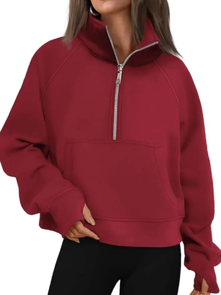 New Autumn And Winter Women's Sports Zipper Loose Stand-up Collar Plus Fleece Sweatshirt Fashion Casual Loose  Hoodie Solid Top