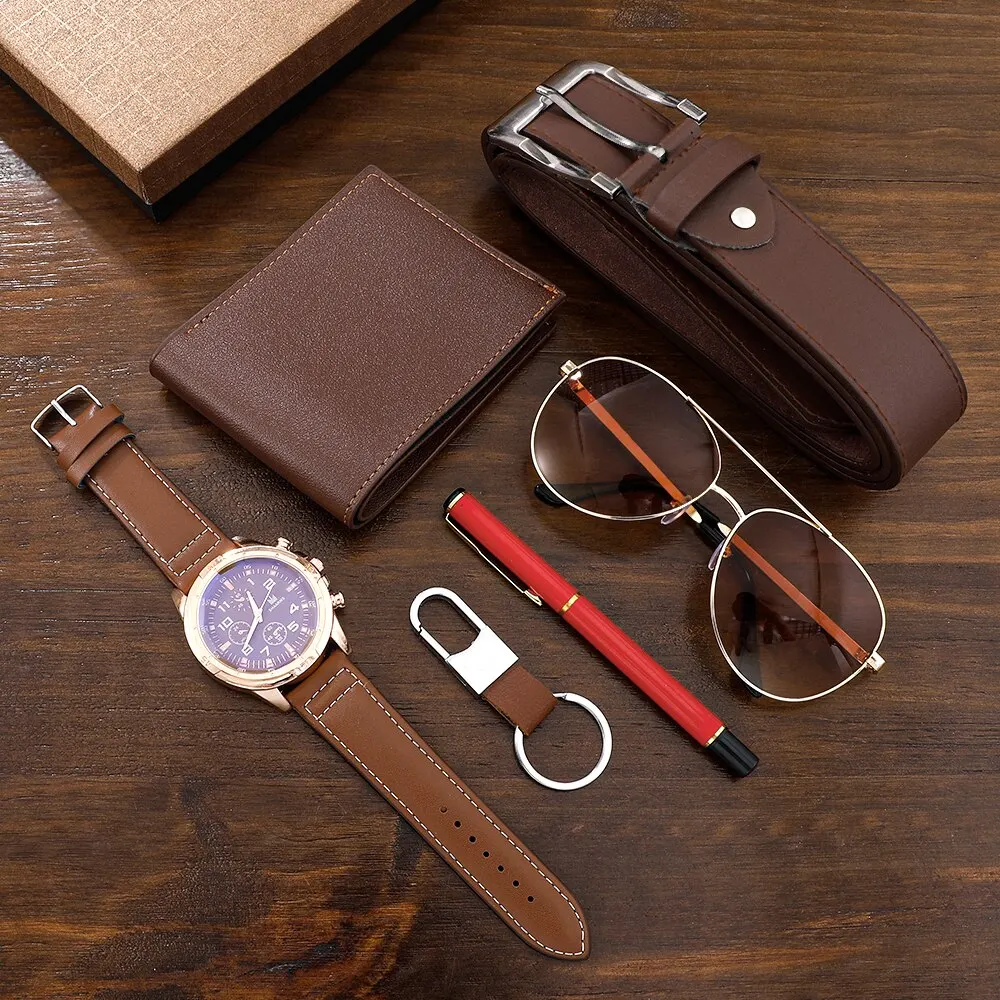 Men Gift Watch Business Luxury Company Mens Set 6 em 1 Watch Glasses Pen Keychain Belt Purse Bem-vindo Holiday Birthday