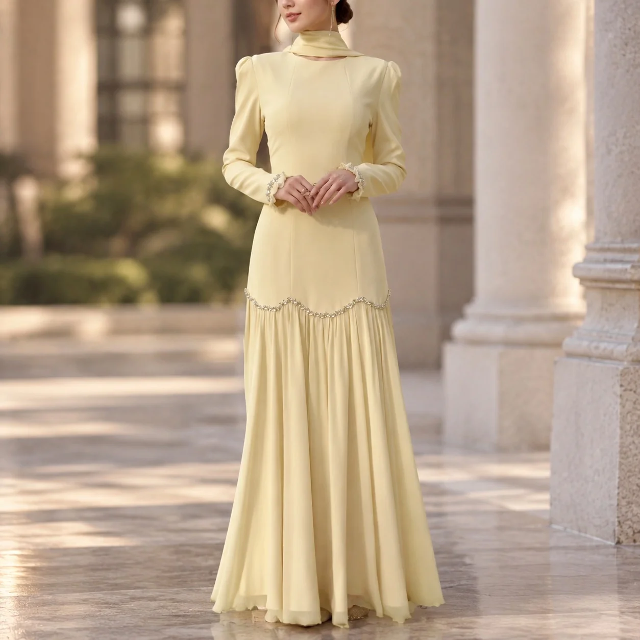 Long Sleeve a Line Dress High Waist Elegant Style with Round Neck Maxi Length Slim Fit Artistic Retro Pleated Dress for Women