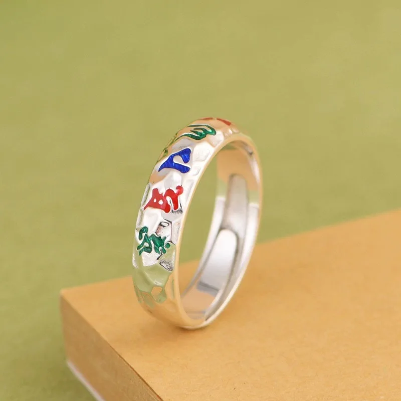 Silver retro China-Chic six character truth, small number of color paintings, face patterns, men's and women's high-end jewelry