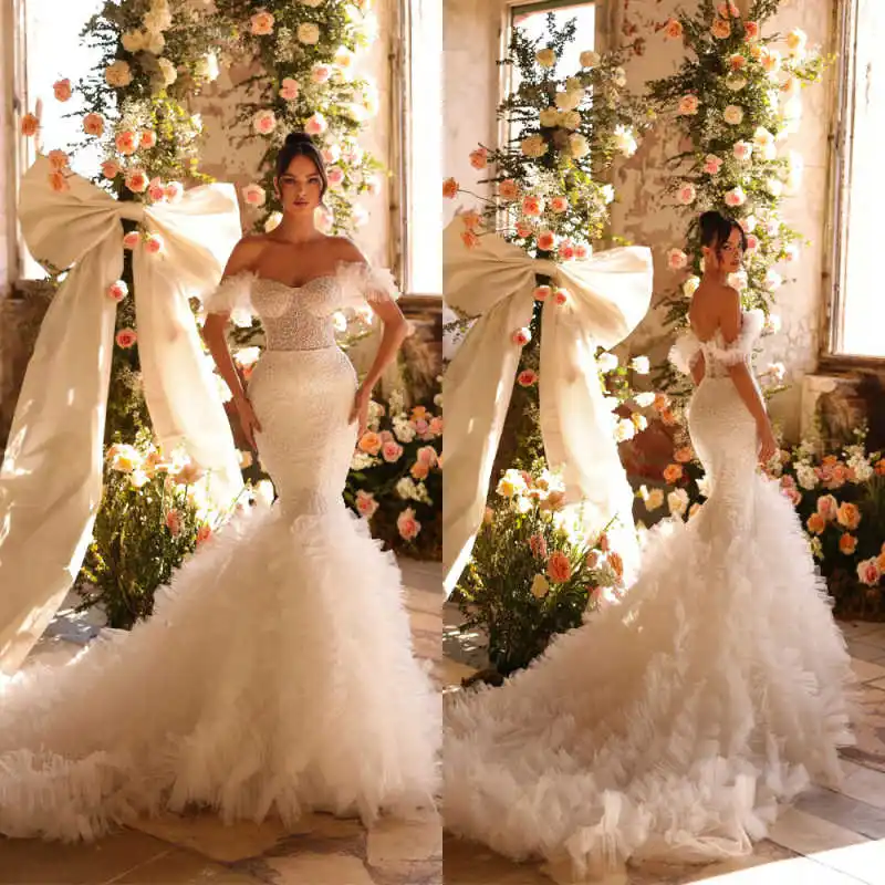 

Luxury Mermaid Evening Dresses Ruffles Train Off Shoulder Sleeveless Beading Appliques Bridal Gowns Customized Vestidos De Novia