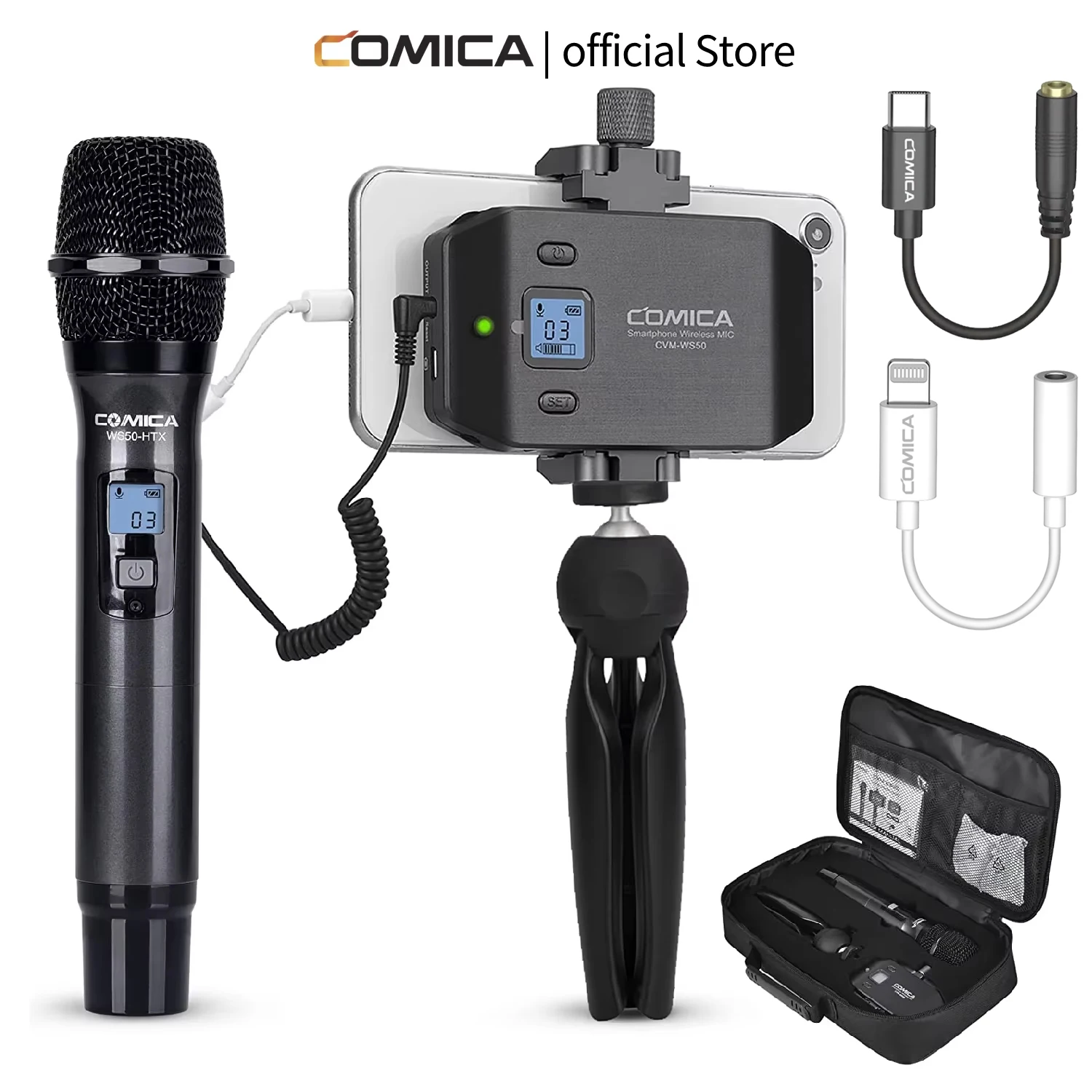 Comica CVM-WS50H Handheld Microphone UHF Wireless Microphone 6 Channels Condenser Mic for iPhone Android Camera Gopro