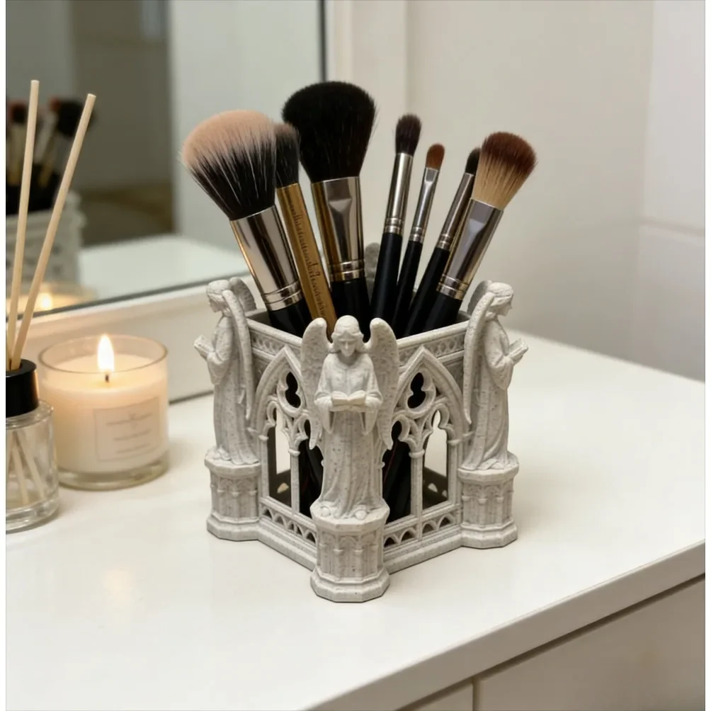 Vintage Gothic Cathedral Arch Angel Figurine Pen Holder 3D Printed Desk Organizer Aesthetic Decor for Makeup Brushes& Stationery