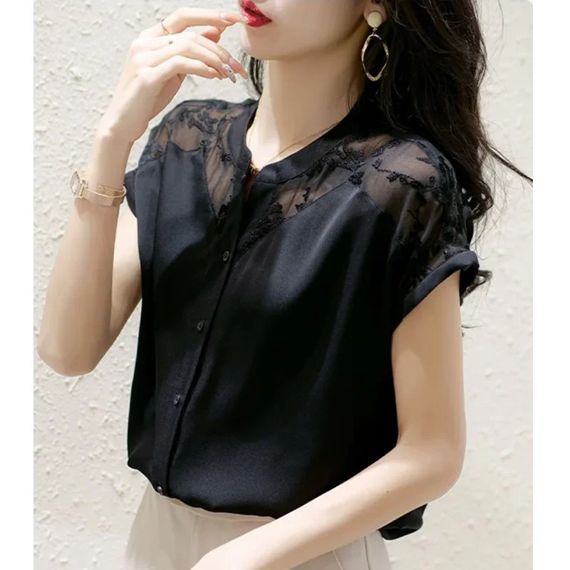 Elegant O-Neck Button Spliced Gauze Lace Embroidery Shirt Women's Clothing Summer New Casual Tops Loose Office Lady Blouse A729