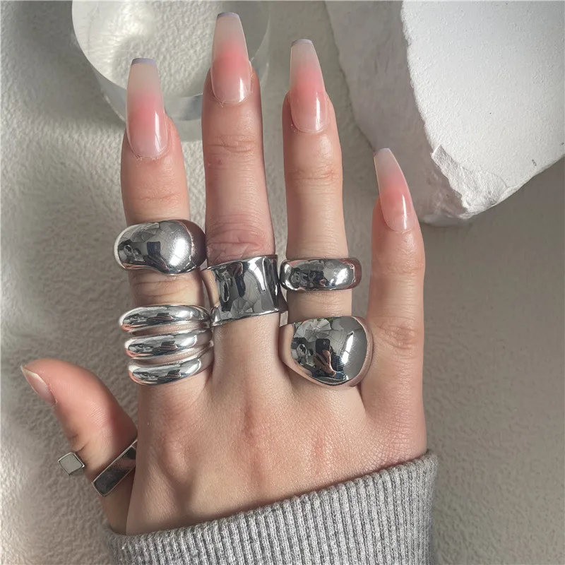 Silver Color Multilayer Big Rings for Women Girls Geometric Titanium Steel Irregular Chunky Rings Large Exaggerated Rings