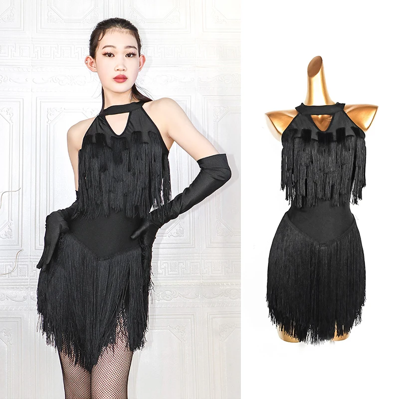 

Sexy Black Backless Latin Dance Competition Dress Women Rumba Dance Performance Wear Tassel ChaCha Dance Practice Dress VDB6650