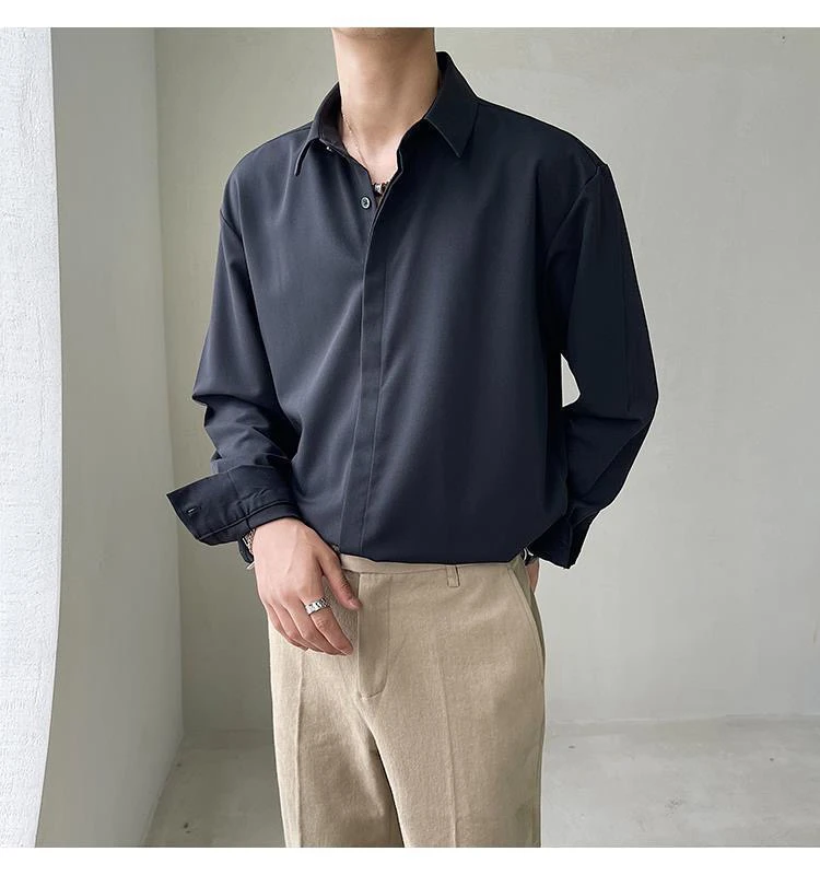 Men's Long Sleeve Shirt Spring Autumn Korean Style Loose No Ironing High Grade Draping Casual Matures Pure Color Trendy