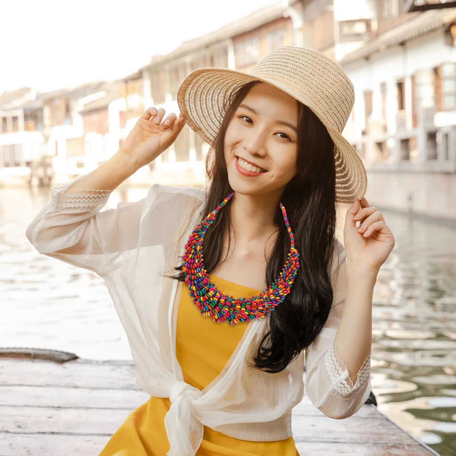 

Bohemian Beaded Necklace For Women Girls Ethnic Wood Colorful Necklace Adjustable Soft Comfortable Neck Jewelry