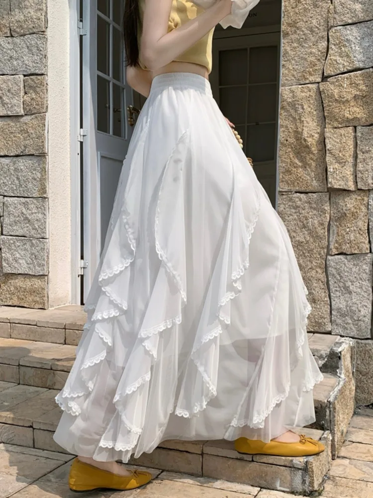 

White Asymmetrical Lace Hem Elastic Waist Skirt Women's Summer Loose Fit A-Line Long Skirt Draped Elegant Commute Style