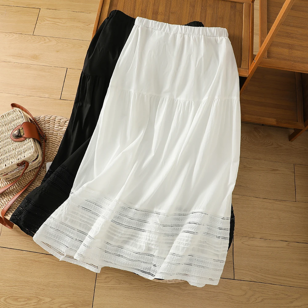 

White Pure Cotton A-Line Skirt Women's Button Spring Summer New Design Lace Ele Midi Skirt Versatile Sle