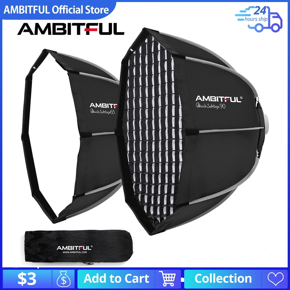 

Ambitful QS65 65cm QS90 90cm Quickly Release Bowens Mount Octagon Softbox + Honeycomb Grid Outdoor Soft Box for Studio Flash