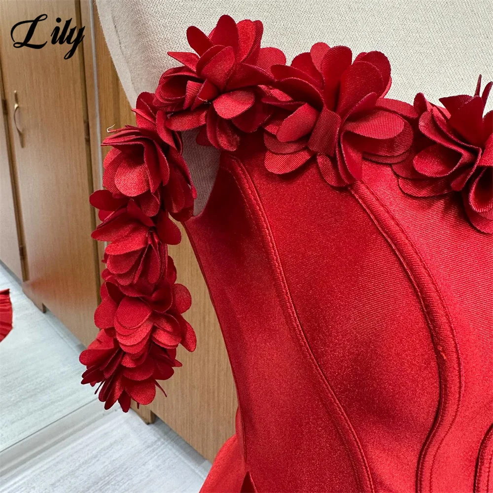 Lily Red Prom Dress Off The Shoulder 3D Flowers Evening Dress With Pleat Mermaid Satin Party Dress Side Split Robe De Soirée