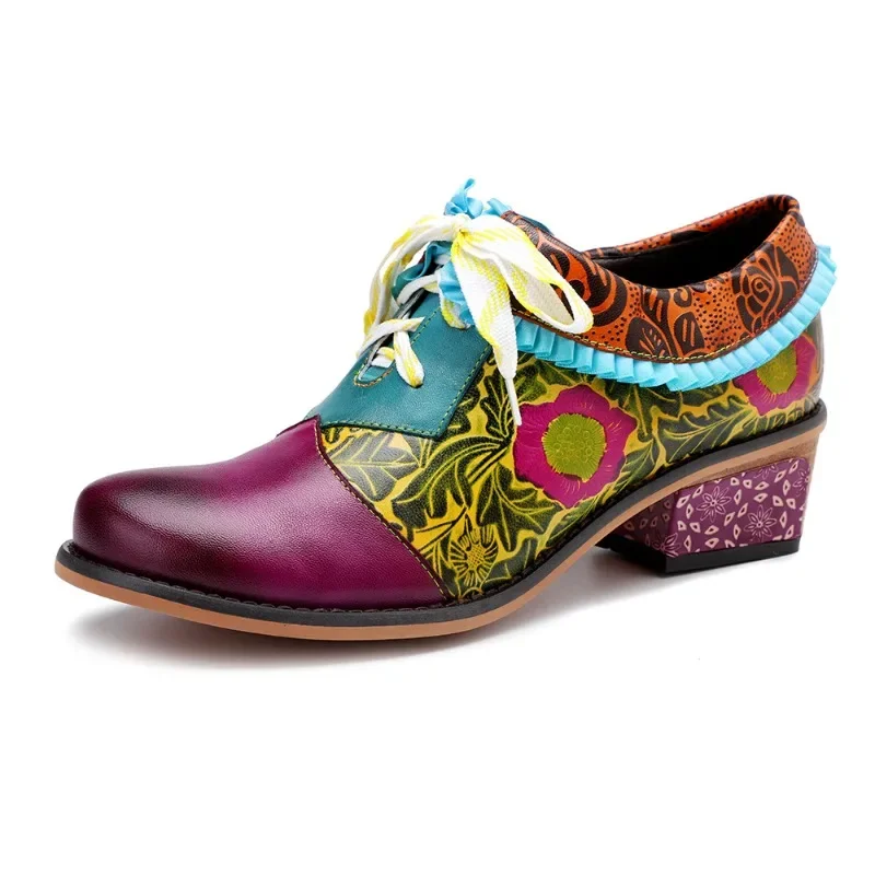 2024 New 3CM Genuine Leather Ethnic Spring Aurumn Women's Plus Size Pumps Print Blace Up Luxury Elegant Females Moccasins Shoes