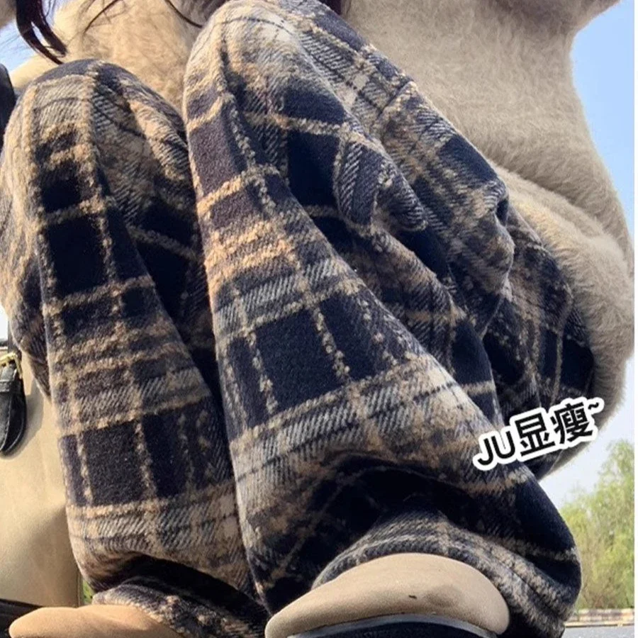 플리스 와이드 레그 팬츠 여성 겨울 두꺼운 체크무늬 스트레이트 레그 바닥 길이 바지 패션 따뜻한 울 캐주얼 두꺼운 바지