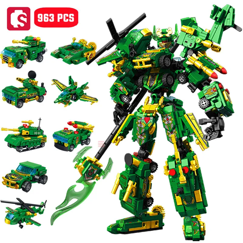 

SEMBO 963pcs 8IN1 Guan Yu Transforming Mech Robot Assemblage Building Blocks MOC Helicopter Airplane Tank Models Gifts Boys Toys