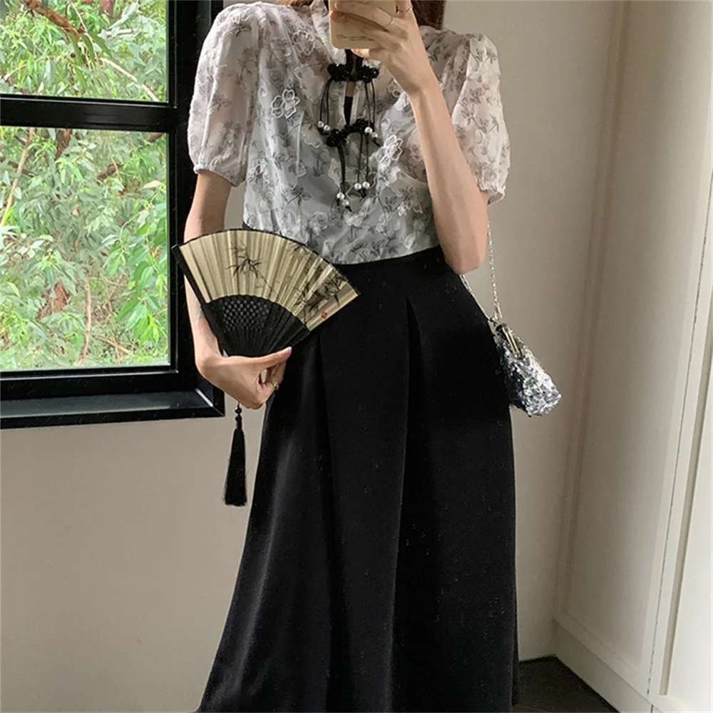 

PLAMTEE Chinese Style Women Two Pieces Sets Florals Shirts 2023 Summer Gentle 2023 Fashion Slim Daily Slip Long Dress Suits