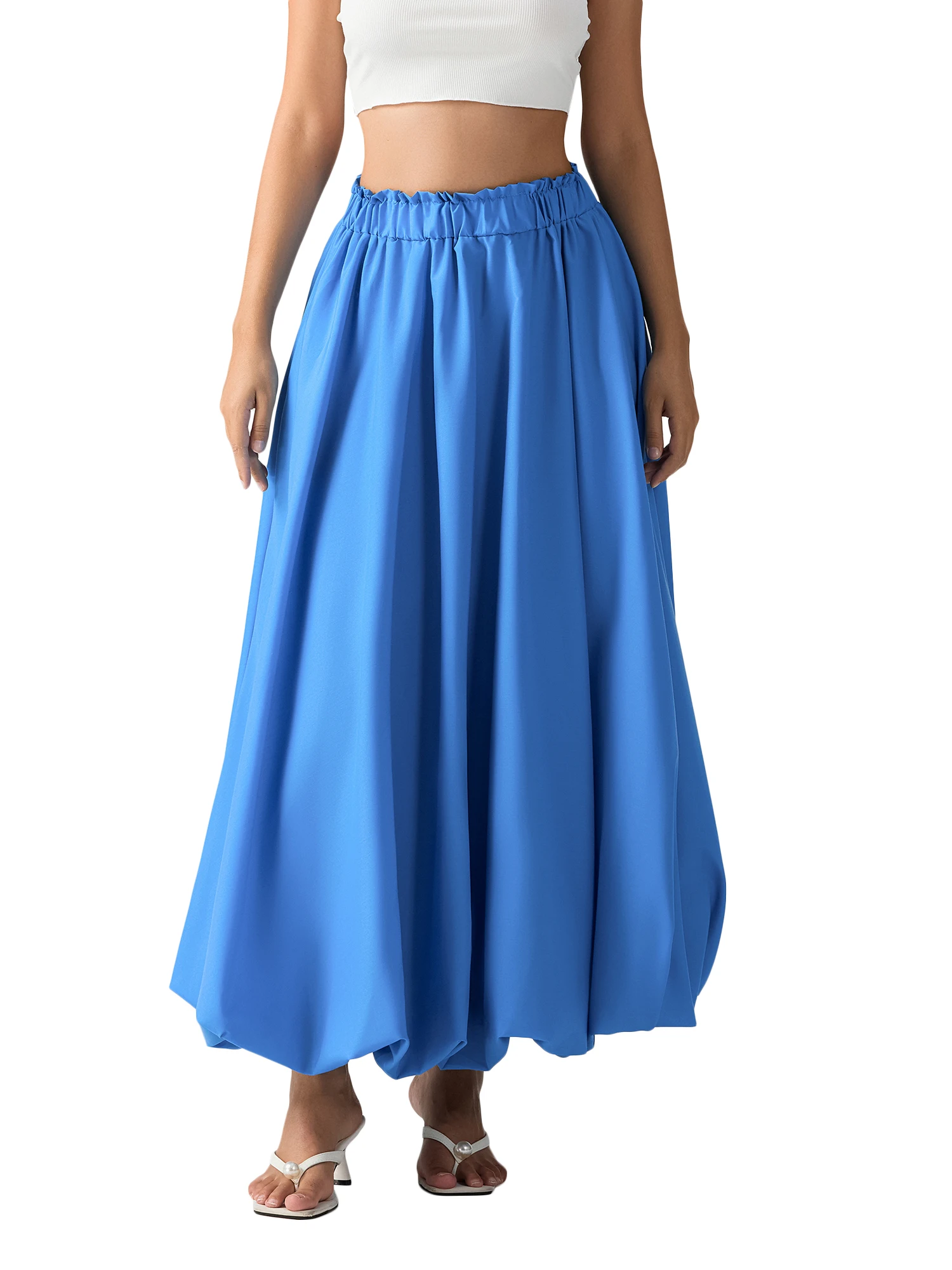 

Women's Long Skirts Cute Puffy Floral Fashion Flowy Fit Bud Bubble Casual Elastic Waist Solid Color A-Line Skirts with Pockets