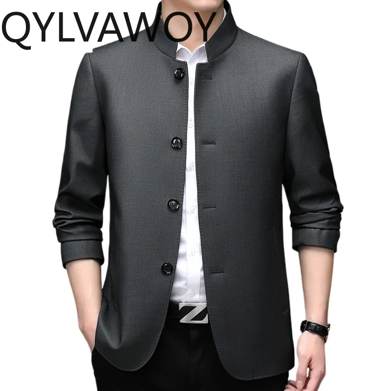 

QYLVAWOY Men's Spring Autumn High-End Casual Zhongshan Jacket Middle-Aged Dad's Outfit Stand Collar Mid-Length Outerwear LJ2157