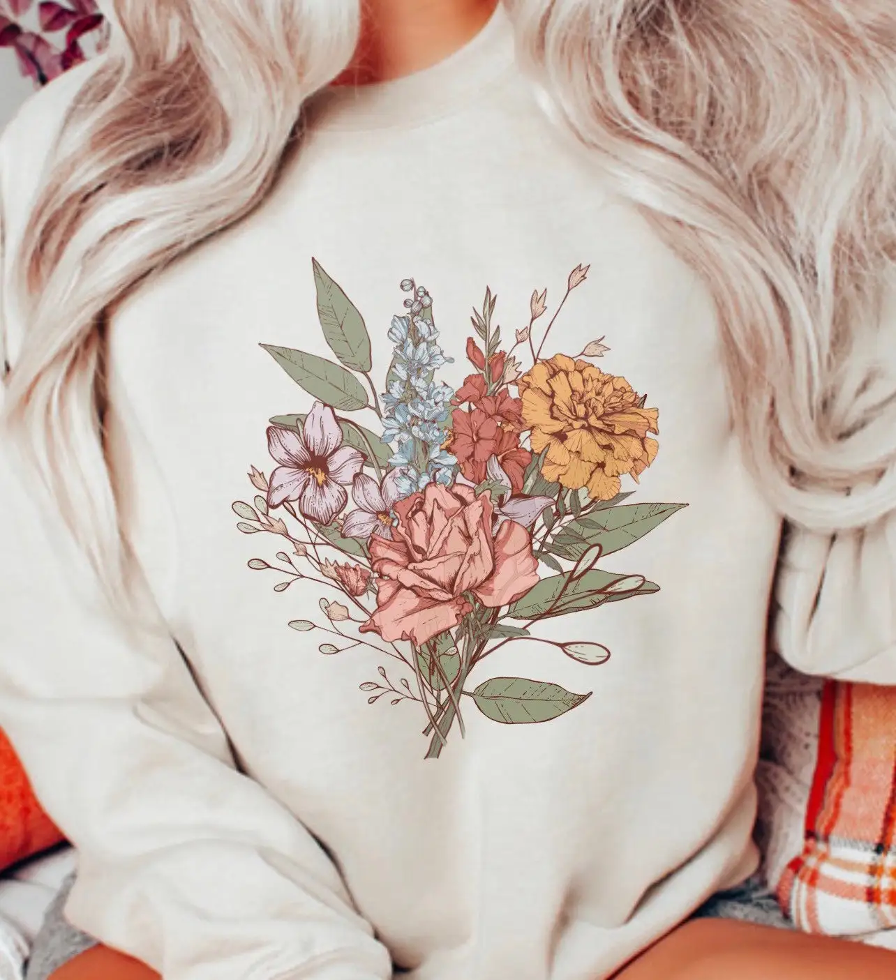 

2024 New Elegant Design Mother's Day Women Sweatshirt Refined Retro Bouquet of Carnations Print Female Literary Comfort Tops