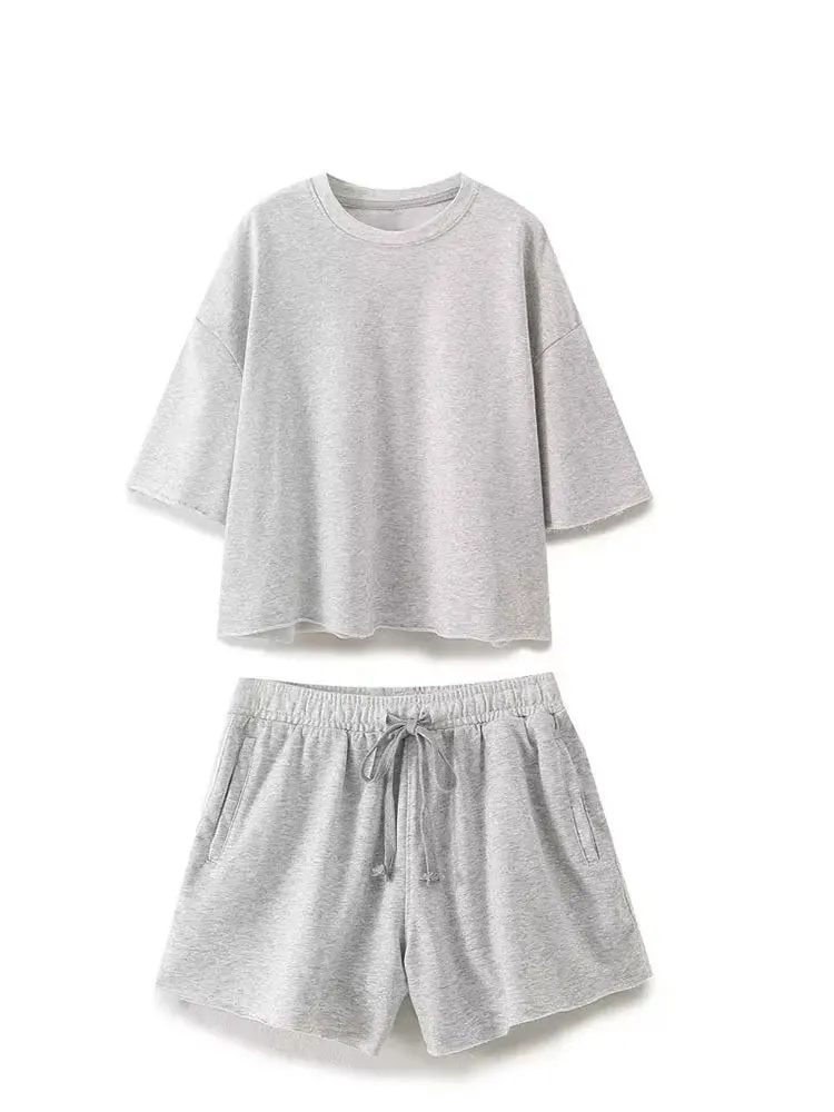 HH 여름 여성 빈티지 솔리드 반바지 세트 O넥 반팔 티셔츠 드로스트링 반바지 루즈 캐주얼 2024 여성 스포츠 세트