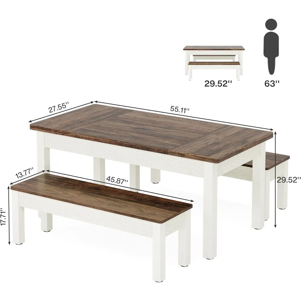 farmhouse kitchen table set for 4-6, 55-inch wooden dining table with 2 benches, space saving 3 pieces heavy duty dinette for d