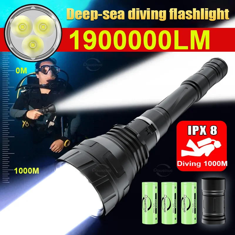 

1900000lm Professional Diving Flashlight Ipx8 Underwater Lantern Waterproof Lantern 3*26650 Dive Torch High Power Diving Lamp