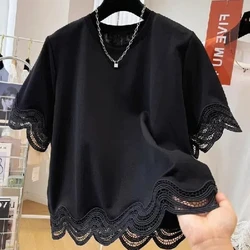 Lace Patchwork Plus Size Street Casual T Shirts Summer Short Sleeve O-neck Solid Fashion Tops Trend High Street Women Clothing