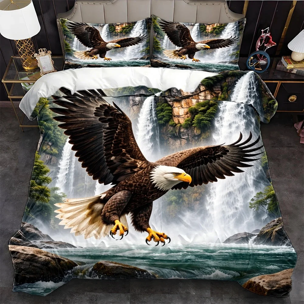 Ensemble de housse de couette 3 pièces style naturel avec motif cascade d'aigle chauve, ensemble de literie 3 pièces (1 housse de couette + 2 taies d'oreiller), adapté à toutes les saisons, literie lavable en machine, housse de couette double avec fermeture éclair invisible, adapté pour la maison, le dortoir, la chambre principale, la chambre d'invités, grand ensemble de housse de couette, ensemble de literie respirant et doux pour la peau, très vendu, ensemble de literie imprimé paysage naturel style américain, literie résistante à l'usure et anti-plis, impression plate 2D