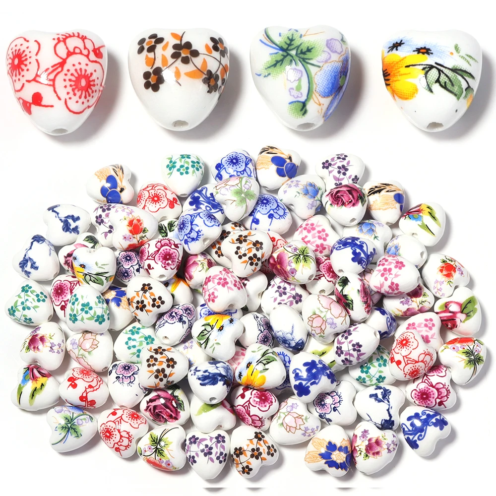 Embellishment Crafts - 10pcs 12x13mm รูปร่างหัวใจรูปแบบดอกไม้เซรามิกพอร์ซเลนช่างฝีมือหลวมลูกปัดสำหรับเครื่องประดับทำสร้อยข้อมือ DIY ค้นพบ