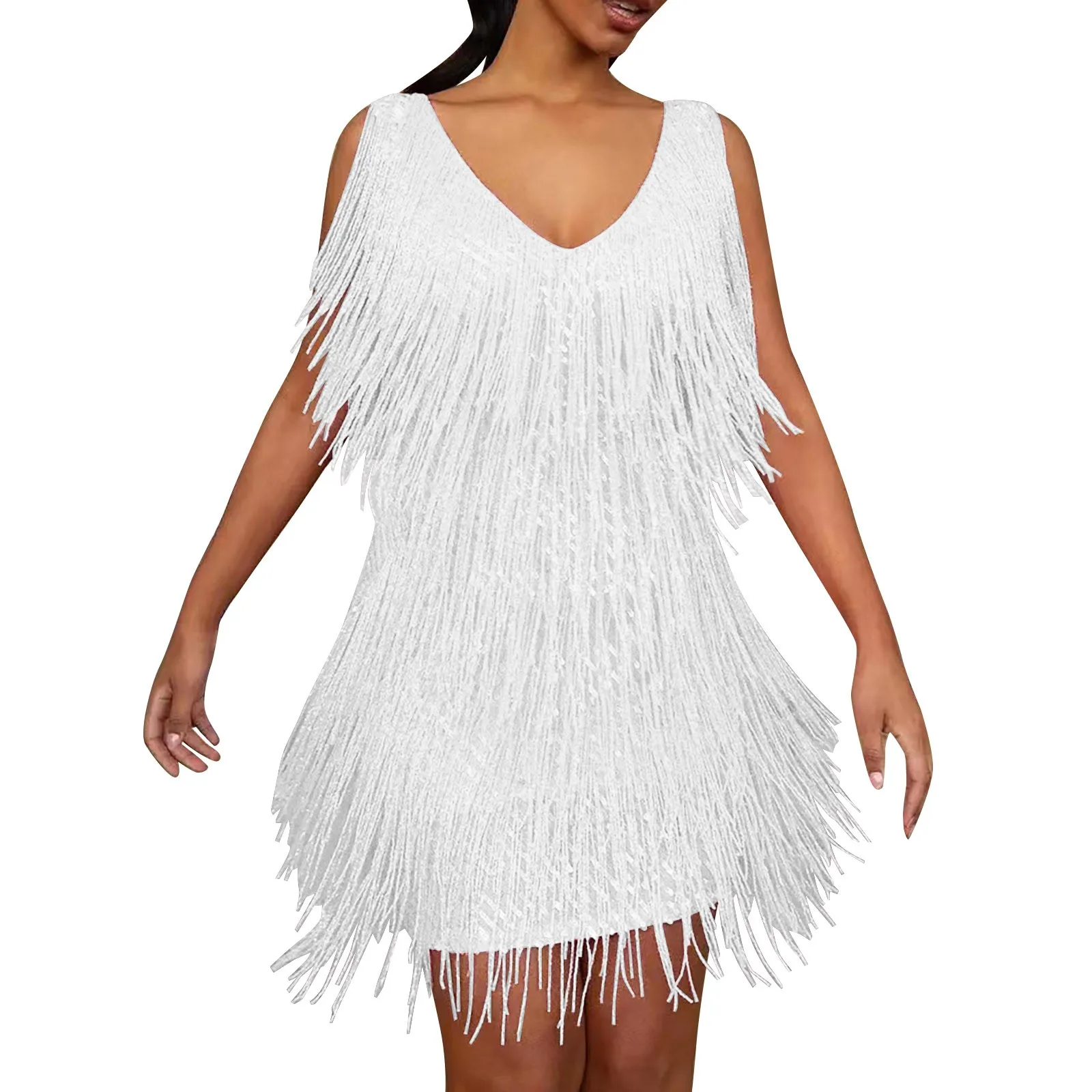 Deep V-Neck Sleeveless Backless Hip Wrap Summer Dress Sexy Women Fringed Sequin Stitching Mini Pencil Club Wear Tassel Vestido 1