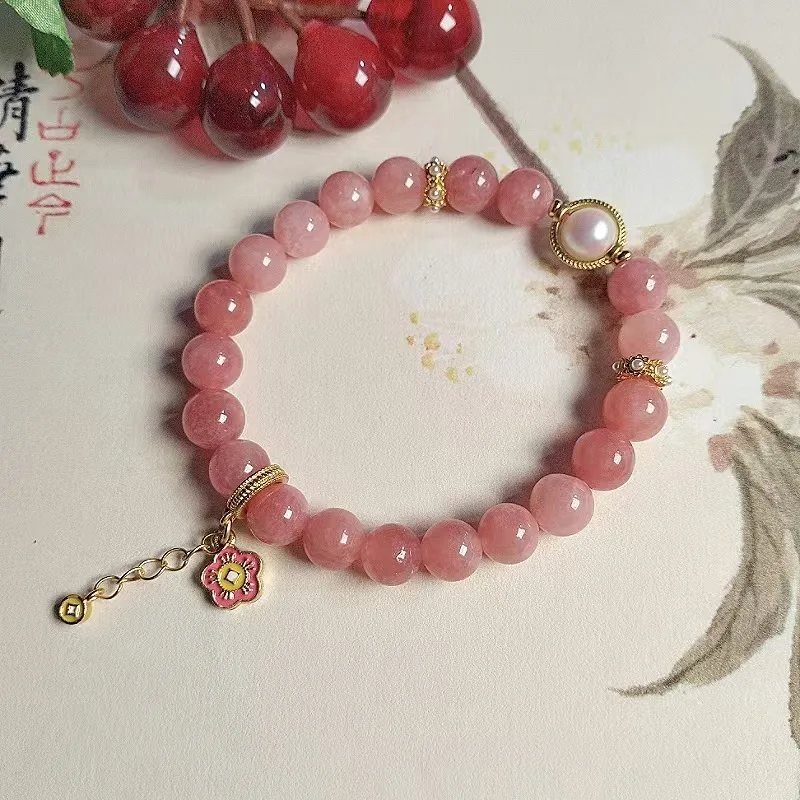 New Chinese Style Optimized Red Vein Stone Pink Bracelet For Women, Artistic Simple Fashion Flower Best Friend Gift Jewelry