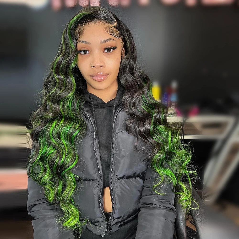 مستقيم تسليط الضوء على خصلات الشعر المستعار الإنسان الأسود مع الأخضر اللون 13x4 13x6 الدانتيل الجبهة الباروكات للنساء قبل قطعها الشعر البشري البرازيلي