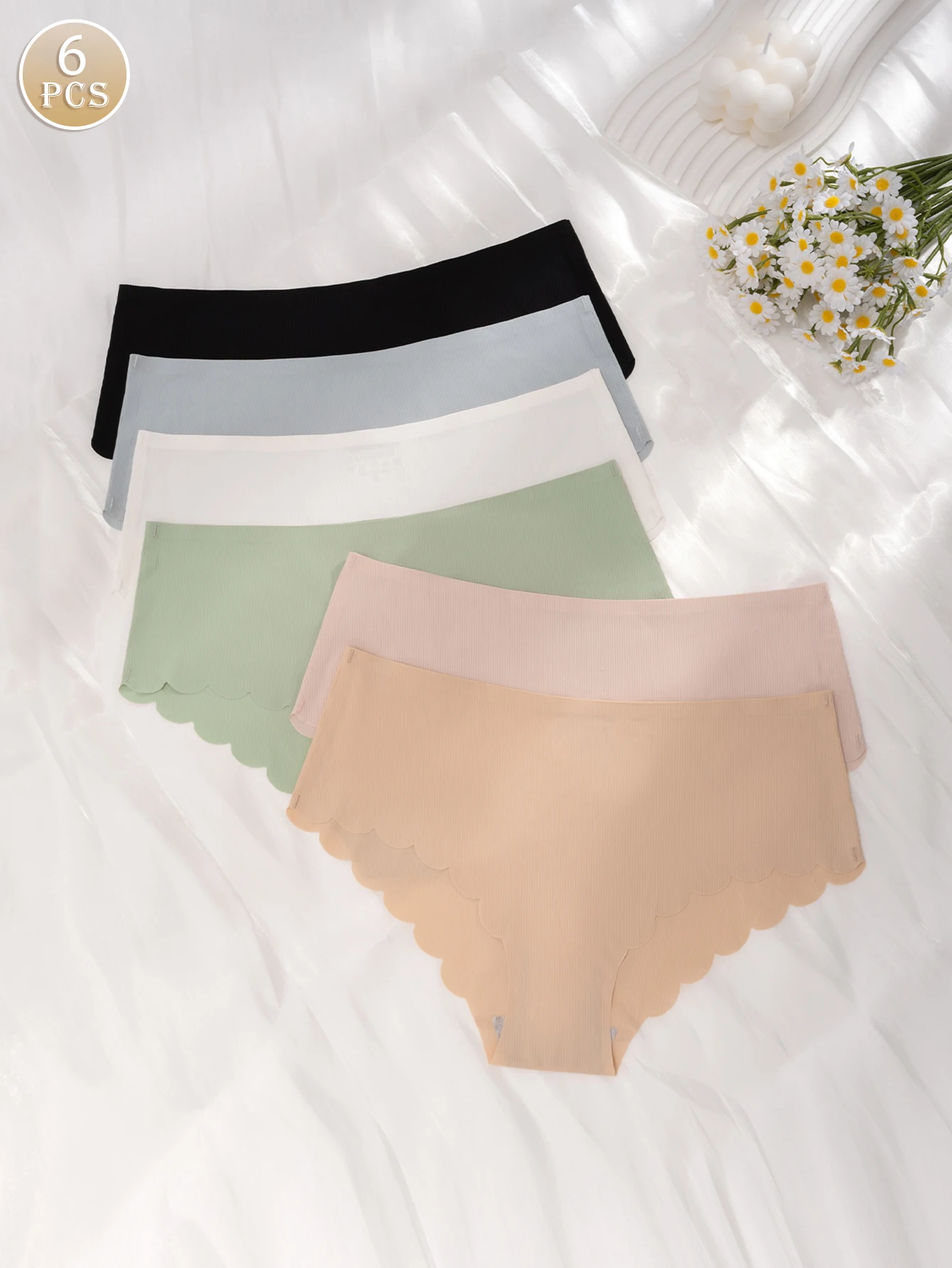 6Pcs Pastel Vertical Rib Seamless Ice Silk Briefs For Women Scalloped Edge No Rolling Invisible Loungewear Gym No Pinching Ladie