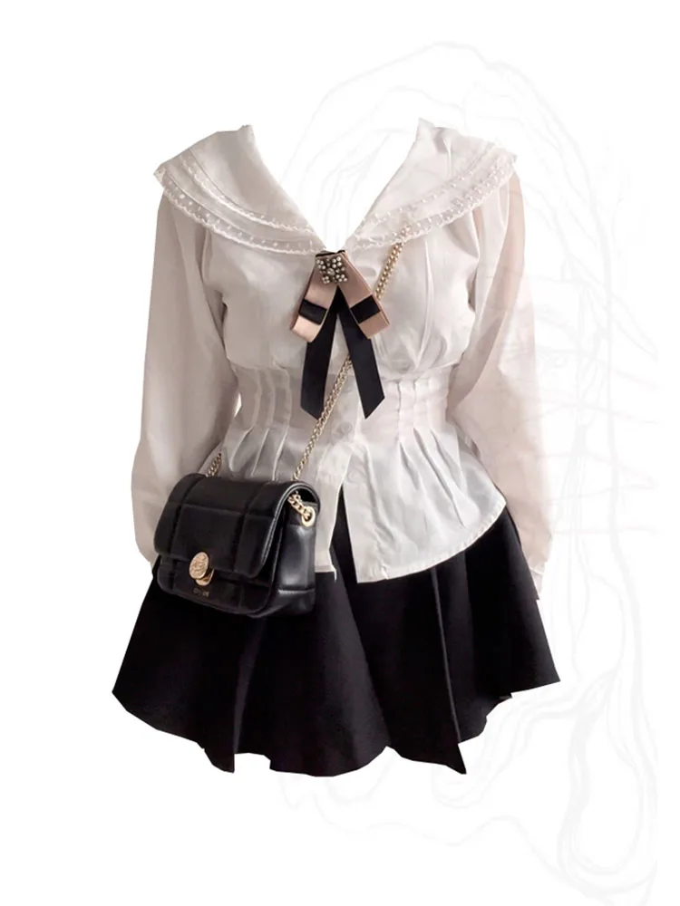 

Korean Elegant Fashion Outfits 2 Piece Skirt Set Sailor Collar Blouses Luxury + Pleated Skirt Gyaru Black Gothic Preppy Style