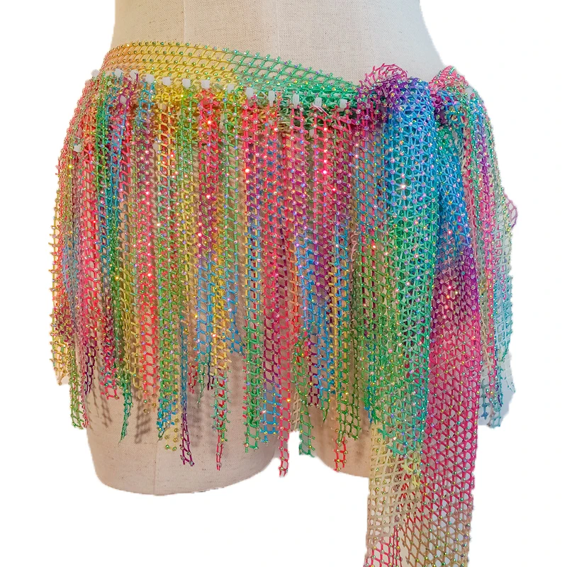 Shine Hip Scarf Belt Belly Dance Performance Show Costume Accessory Rhinestone Colorful Wrap Skirt mesh Fringe Waist Chain