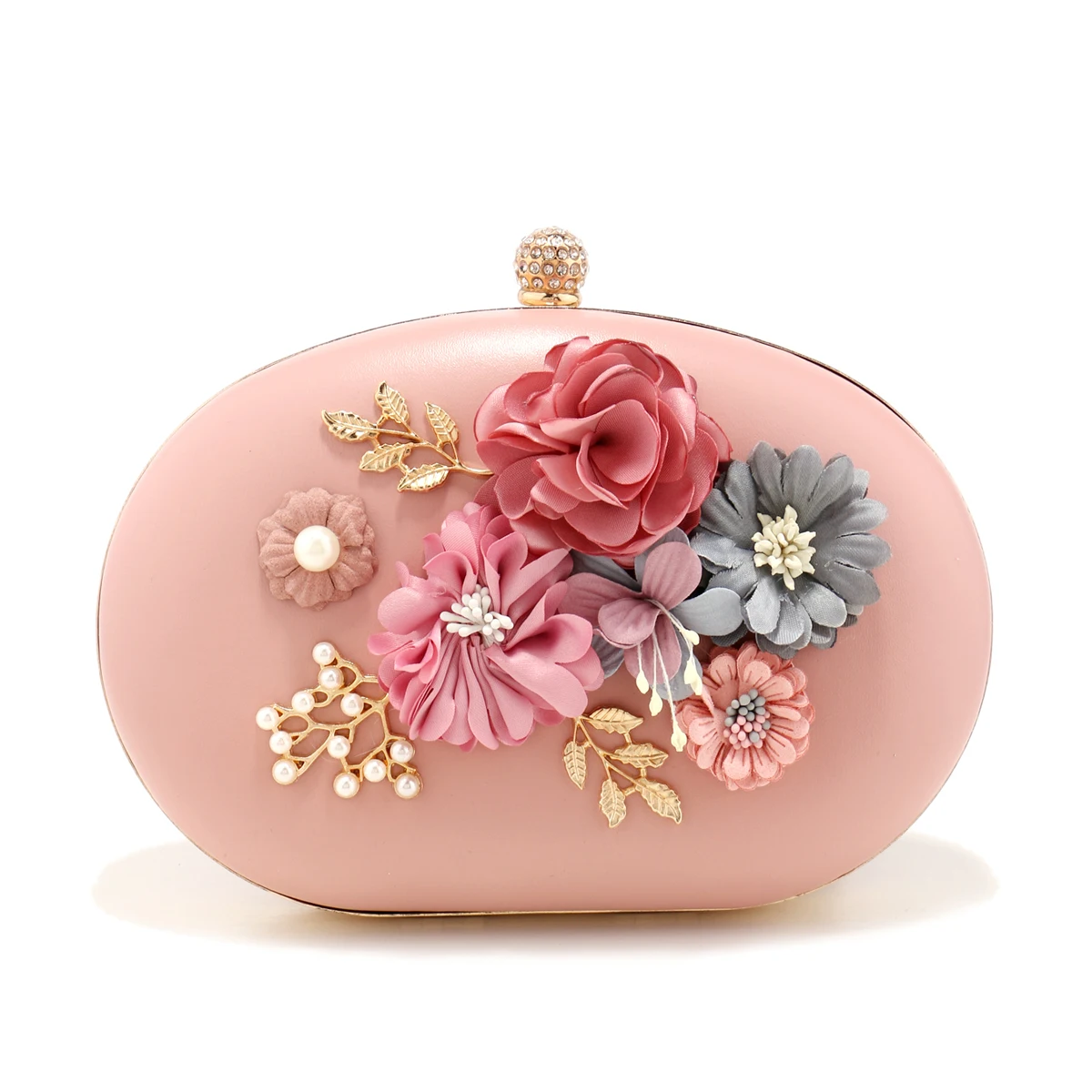 Pink Color Flower Cute Women Evening Bags Circular PU Fashion Diamonds Pearl Floral Glitter Handbags Metal Chain Shoulder Clutch