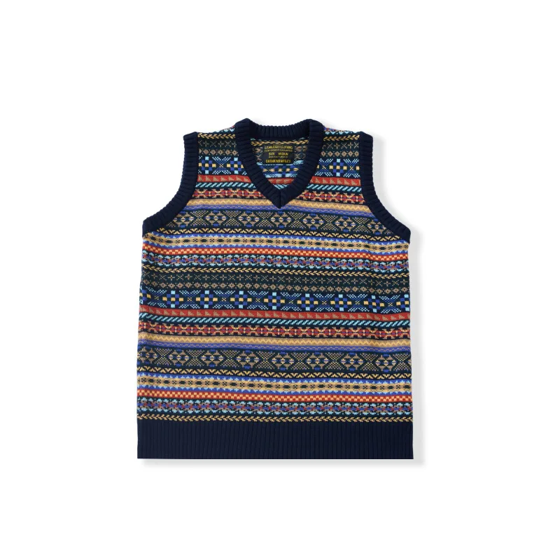 

British Vintage Fair Isle Pattern Wool Blend Vest - British Retro V-Neck Knit Vest Unisex Casual Base Layer Vintage Sweater Vest