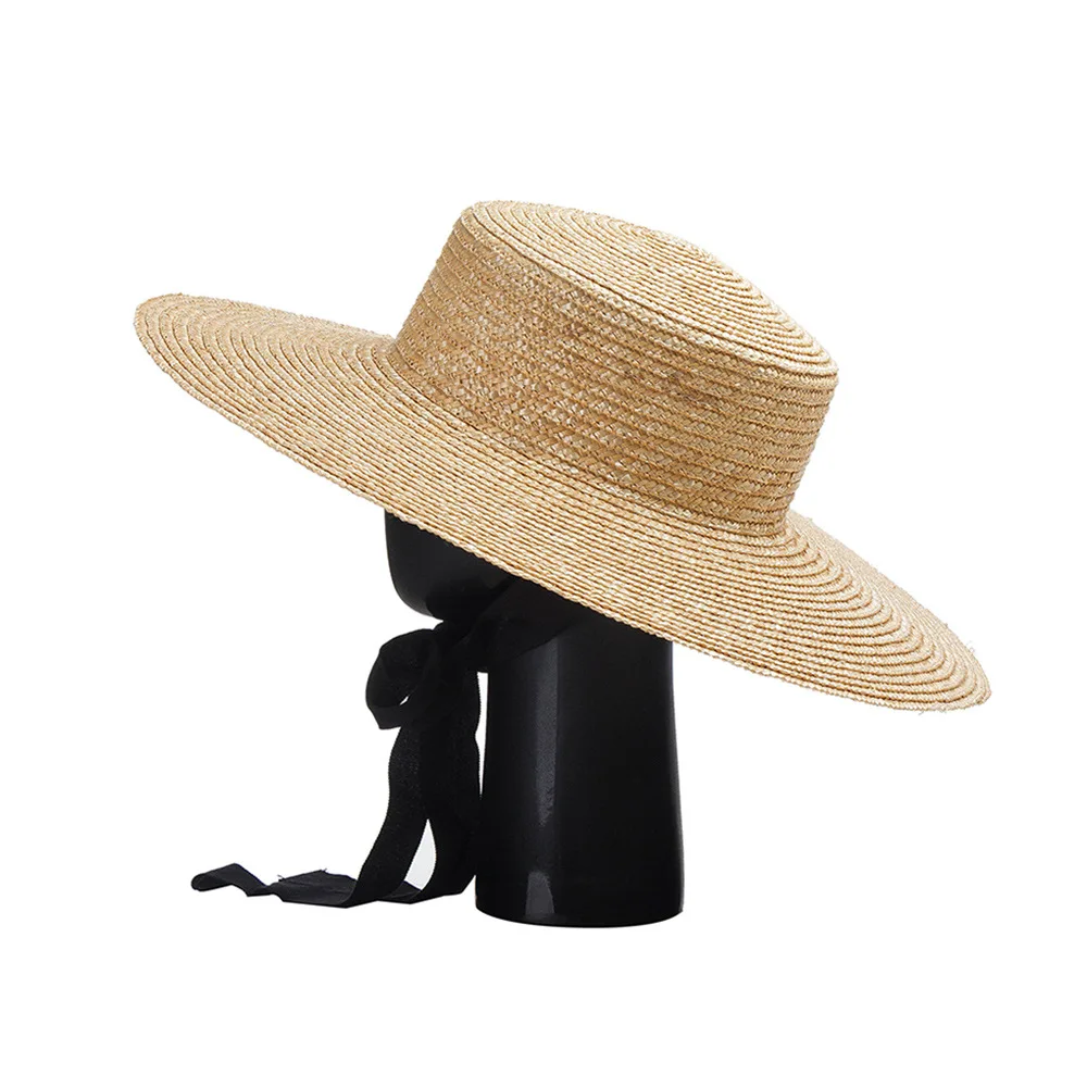 12cm Wide brim Beach Hat Women Wheat Straw Boater Hat Long Ribbon Lace UP Party Beach Hat UV Protection Summer Sun Hat