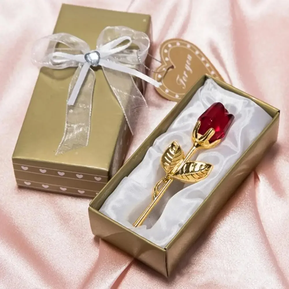 

Valentines Day Gift Crystal Glass Rose Artificial Flower Silver Gold Rod Rose Flower For Girlfriend Wedding Gifts For Guest Rose