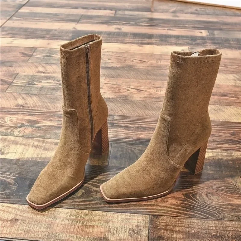 2024 New Autumn and Winter Leather Suede Mid-calf Boots Women's High Heel Zipper Versatile Khaki Elegant Women's Short Boots