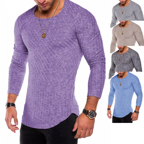 Imagen 1 del producto Suéter de base fina de punto para hombre con diseño de dobladillo curvo, cuello redondo, ajuste ajustado, camiseta elástica de manga larga, suéter fino
