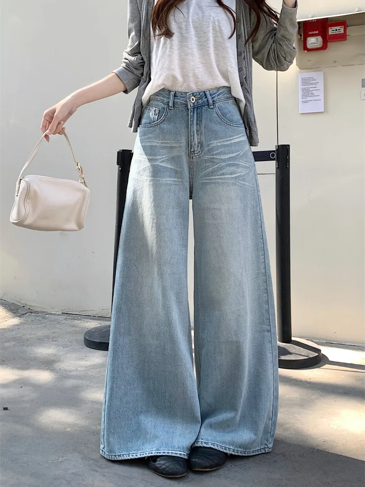 

Ретро-джинсы американского стиля синего цвета с высокой талией и широкими штанинами, женские весенние брюки для похудения, повседневный стиль, весенний сезон, женская одежда