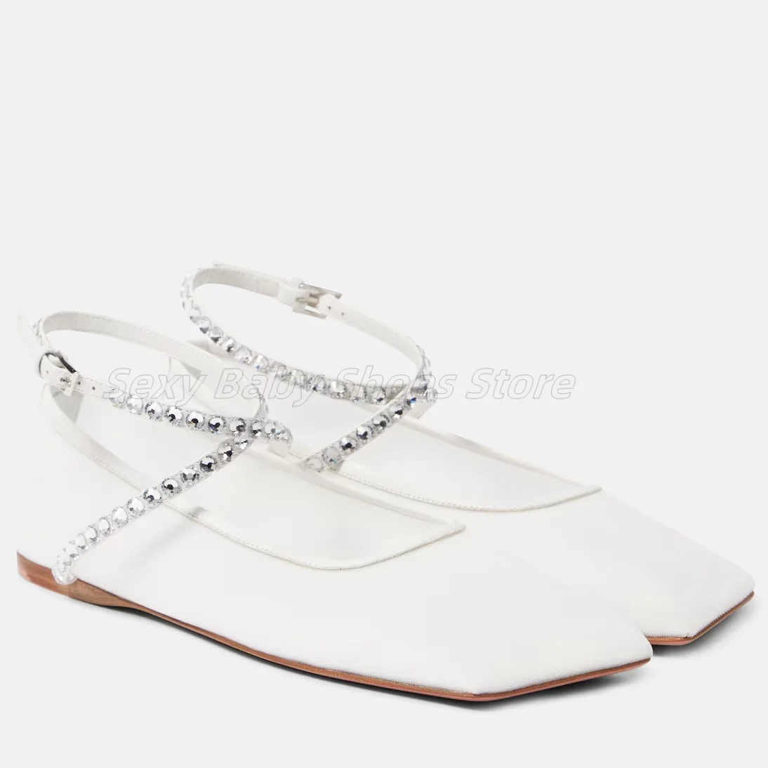 

Summer square toe wrapped rhinestone strap mesh breathable flat shoes sandals ballet single shoes plus size women's shoes
