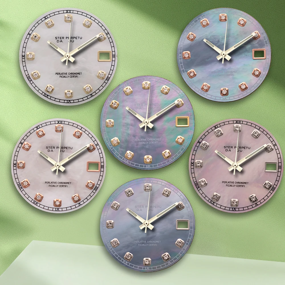 28,5 mm S Logo NH35 Diamanti Madreperla Quadrante Nessuna lancette Misura Movimento NH36 Nessun orologio luminoso Accessori per la modifica