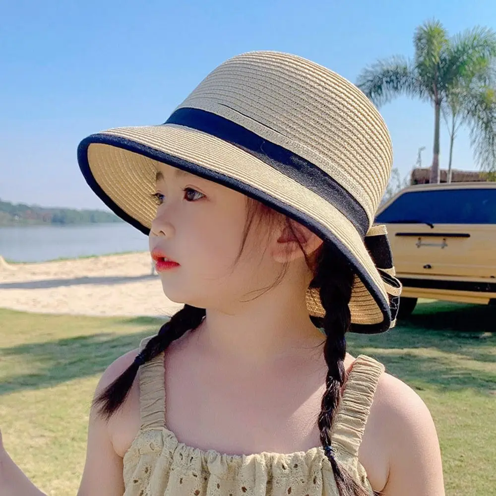 Spring Summer Children Baby Girl Straw Plaited Bucket Hat Beach Holiday Round Top Outdoor Bow Sun Block Hat Cap for Kids Girls