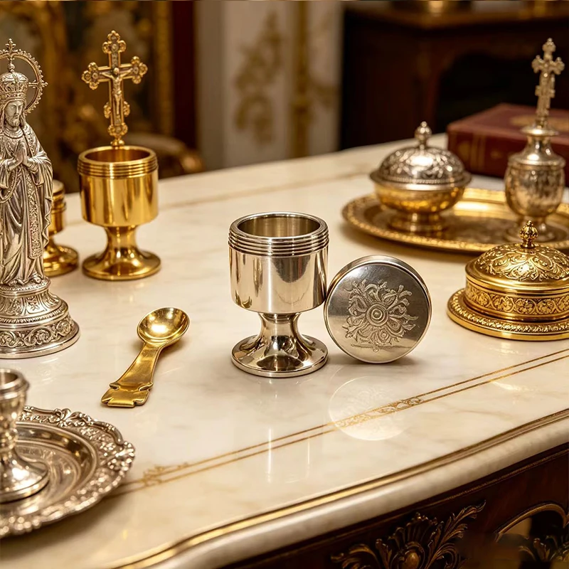 

New Portable Metal Travel Communion Chalice 4cm Mini Holy Water Oil Jar with Spoon Gold Silver Orthodox Religious Altar Supplies
