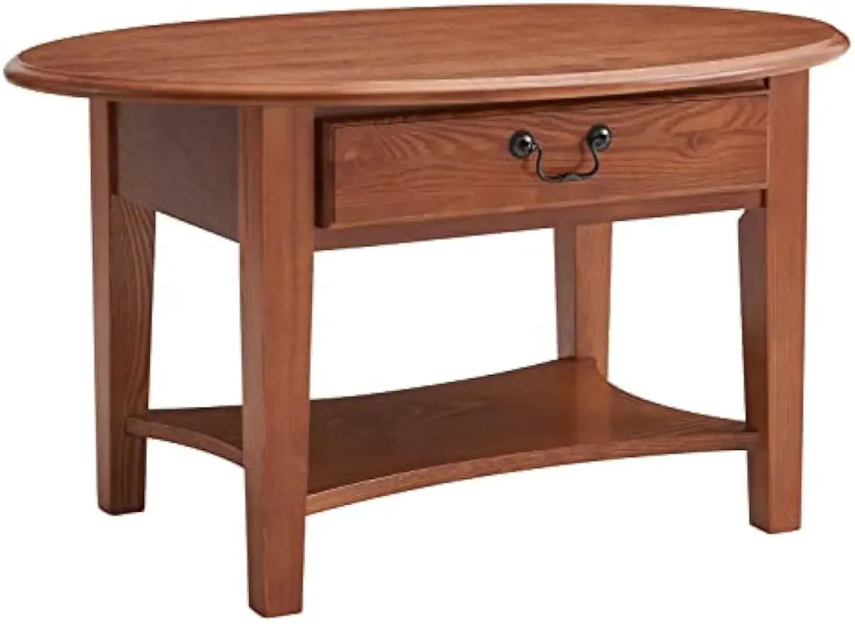 Leick Home 9044-MED One Drawer Oval Coffee Table with Shelf, Medium Oak